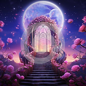 Enchanted Staircase: Moonlit Beauty and Floral Splendor