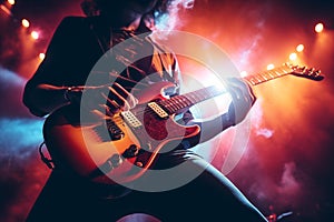 Mesmerizing concert featuring a close-up shot of a guitarist. Generative AI