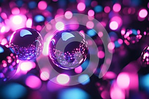 A mesmerizing 3D abstract background with an array of floating, metallic spheres reflecting neon
