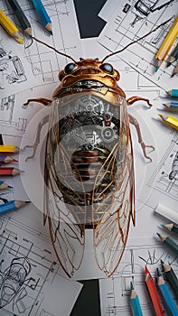 A mesmerizing 3D render of a futuristic, mechanical cicada