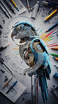 A futuristic, mechanical parrot crafted from metallic components, cogs, and gears