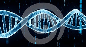 Blue glowing DNA double helix structure in a dark digital environment with binary code streams