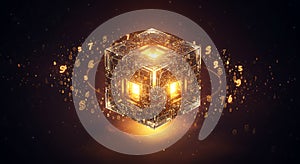 Glowing Golden Data Cube in Space