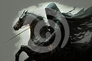 Digital painting of a fantasy knight riding a horse with a black cloak