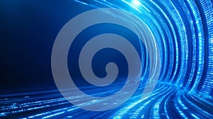 Futuristic digital tunnel illuminated with vibrant blue light and flowing binary code