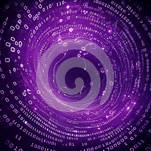 Digital vortex with binary code and glowing particles representing data flow and technology