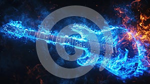 A mesmerizing display of electric blue flames dancing along the body of an electric guitar accompanying the intense