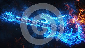 A mesmerizing display of electric blue flames dancing along the body of an electric guitar accompanying the intense photo