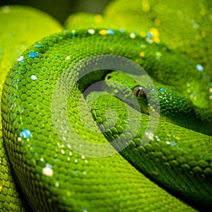 Vibrant Green Tree Python Coiled in Detail