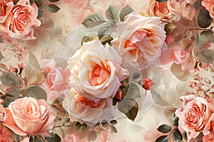 A mesmerizing display of soft pink roses in various stages of bloom, set against a backdrop of dark green foliage