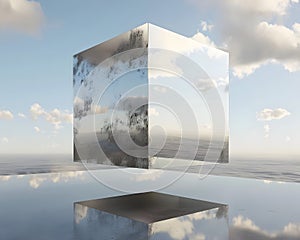 Mesmerizing Floating Cube with Mirror Reflections Suspended in Midair