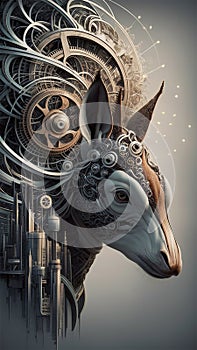An okapi crafted from intricate, interlocking mechanical gears, clockwork, and abstract fragments