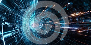 A mesmerizing futuristic visualization of an AI-powered space-time research facility, displaying