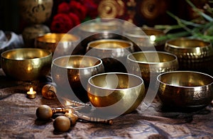 Mesmerizing Golden singing bowls. Generate Ai