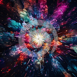 Explosive Bursting Flowers: Colorful Fireworks Against Starry Night Sky photo