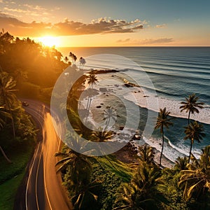 Serenity Unveiled: Coastal Road Embraced by Palm Trees, Turquoise Ocean, and Golden Sunset photo