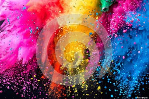 Mesmerizing holi paint powder explosion forms rainbow swirls against dramatic dark backdrop