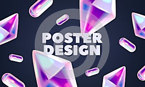 Mesmerizing Horizontal Poster or Banner Featuring Holographic 3d Shapes of Crystal and Ellipsoid, Futuristic Template