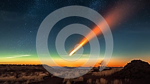 A mesmerizing illustration capturing a shooting comet or asteroid against the backdrop of a starry night sky. Generative AI