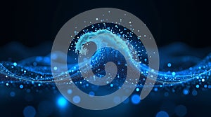 Abstract blue wave with glowing particles representing data flow and technological advancement in a modern digital landscape