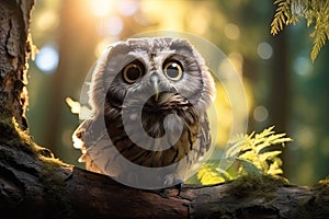 Big Eyed Cute Owl In Woods photo
