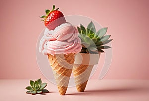 Strawberry Bliss: A Tempting Ice Cream Treat on a Dreamy Pink Canvas photo