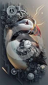 A puffin, skillfully constructed using an array of mechanical gears