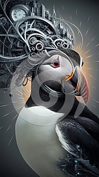 A puffin, skillfully constructed using an array of mechanical gears