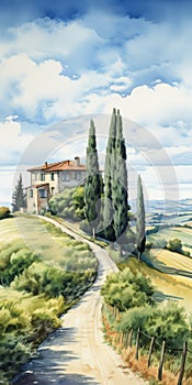 Watercolor Painting Of Countryside House In Incisioni Style photo