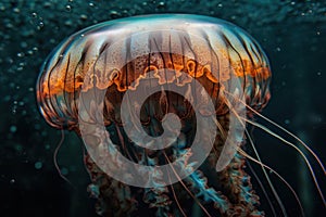 Mesmerizing jellyfish close-up, revealing translucent beauty. Underwater wonder. Generative AI