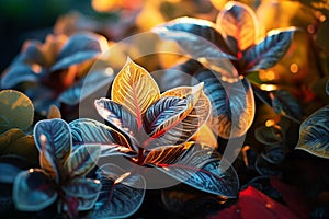 Natures Abstract Symphony: Intricate Leaf Motifs Amidst Vibrant Floral Tapestry photo