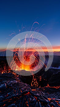 A mesmerizing lava fountain erupts at dusk, sending molten streams arcing gracefully against the fading sky