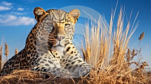 Mesmerizing Leopard Resting In Savannah Grass With Blue Sky