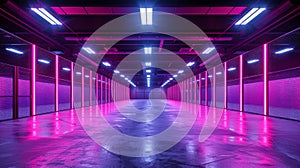 A mesmerizing long hallway adorned with vibrant neon lights, casting an otherworldly glow and leading the way to an