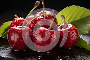 Mesmerizing macro scene, cherries on wood, water drops create an exquisite background