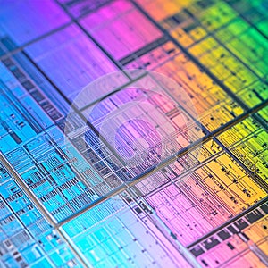 Intricate Microchip Circuits on a Silicon Wafer