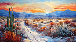 Mesmerizing Mexico Winter Landscape Painting With Cactus And Dirt Road