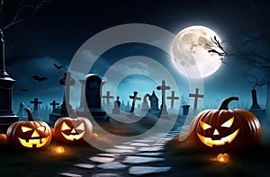 Mesmerizing nocturnal view of a cemetery decorated for Halloween, with pumpkins and the moon setting a mysterious mood