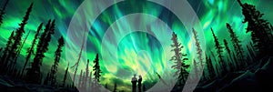 Mesmerizing Northern Lights Display: A stunning panoramic view of the Aurora Borealis illuminating the night sky above a serene,