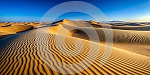 Mesmerizing Pattern of Wind Swept Sand Dunes Under Clear Blue Sky AI-Generated Content