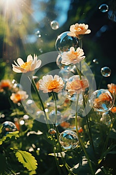 Translucent Soap Bubbles Dancing in Sunlit Garden photo