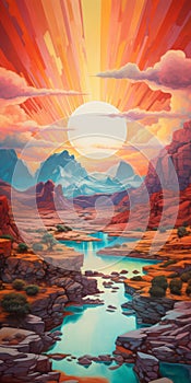 Desert Sunrise: A Vibrant Landscape Painting Inspired By Tristan Eaton And Tim Hildebrandt photo