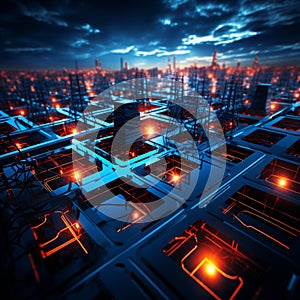 Abstract Power Grid: Interconnected Geometric Shapes and Neon Glowing Lines photo