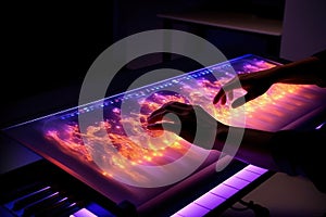 Mesmerizing plasma keyboard, where each touch generates cascading waves of light and sound, allowing alien musicians to compose