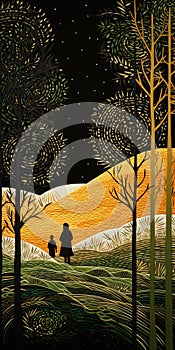 Nighttime Stroll: A Contemporary Quilt Inspired Illustration photo