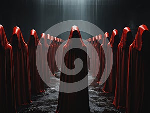 A mesmerizing scene of people in vibrant red cloaks with hoods, gathered in a mysterious and enigmatic setting. The