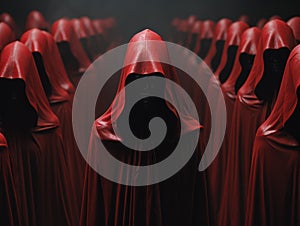 A mesmerizing scene of people in vibrant red cloaks with hoods, gathered in a mysterious and enigmatic setting. The