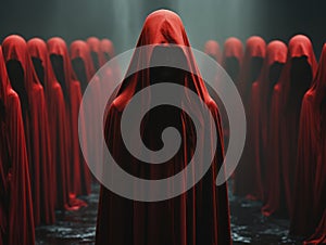 A mesmerizing scene of people in vibrant red cloaks with hoods, gathered in a mysterious and enigmatic setting. The