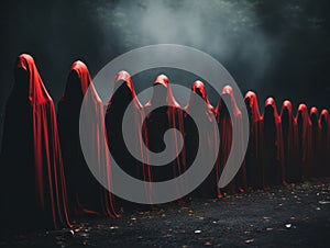 A mesmerizing scene of people in vibrant red cloaks with hoods, gathered in a mysterious and enigmatic setting. The