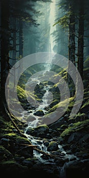 Enchanting Forest River Painting With Whistlerian Style And Rembrandt Lighting photo